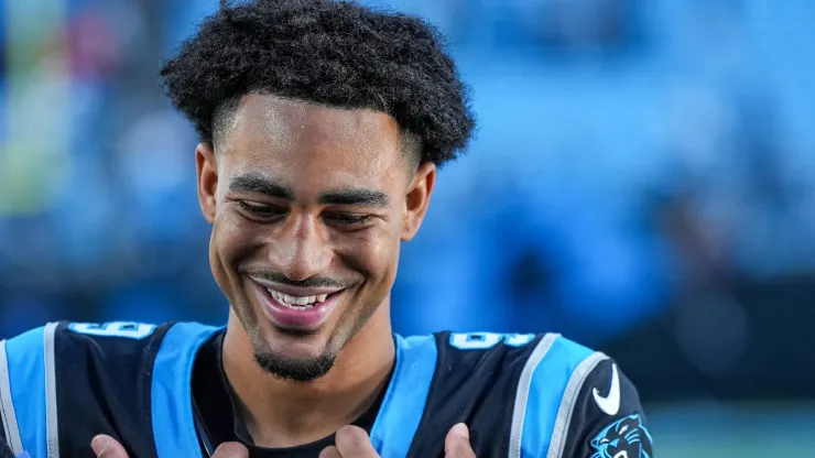 Bryce Young #9 of the Carolina Panthers reacts after a win over the New Orleans Saints at Bank of America Stadium on November 03, 2024 in Charlotte, North Carolina.
