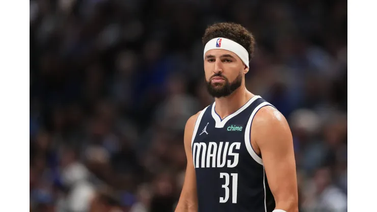 DALLAS, TEXAS - OCTOBER 24: Klay Thompson #31 of the Dallas Mavericks looks on while playing the San Antonio Spurs during the third quarter at American Airlines Center on October 24, 2024 in Dallas, Texas.  NOTE TO USER: User expressly acknowledges and agrees that, by downloading and or using this photograph, User is consenting to the terms and conditions of the Getty Images License Agreement. (Photo by Sam Hodde/Getty Images)
