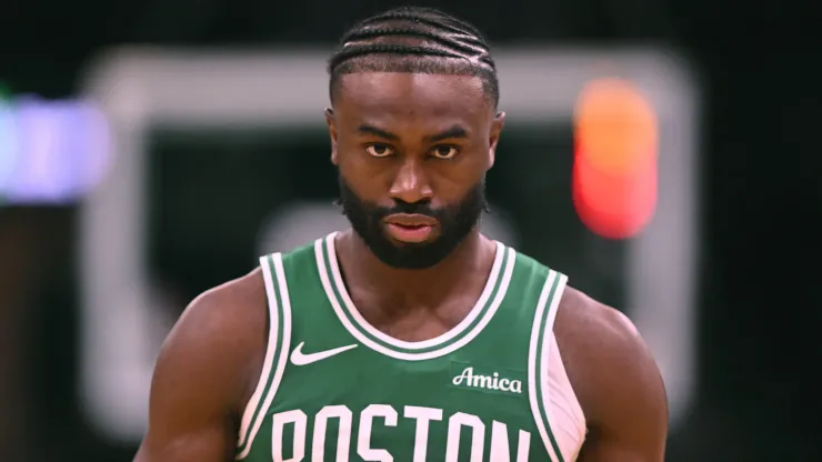 Jaylen Brown #7 of the Boston Celtics looks on against the New York Knicks
