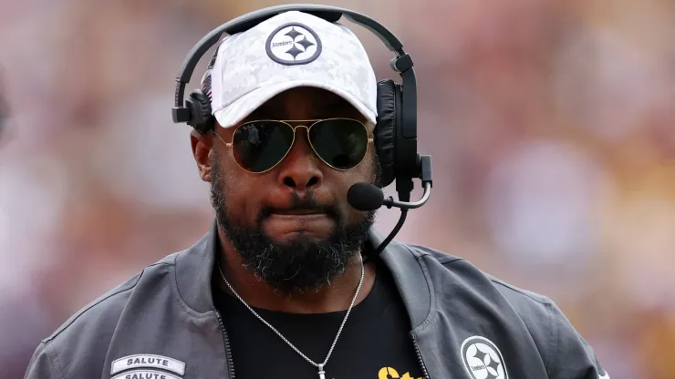 Head coach Mike Tomlin of the Pittsburgh Steelers looks on in the first half of a game against the Washington Commanders at Northwest Stadium on November 10, 2024 in Landover, Maryland.
