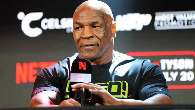  Mike Tyson speaks onstage during the Jake Paul vs. Mike Tyson Boxing match Arlington press conference at Texas Live! on May 16, 2024 in Arlington, Texas.
