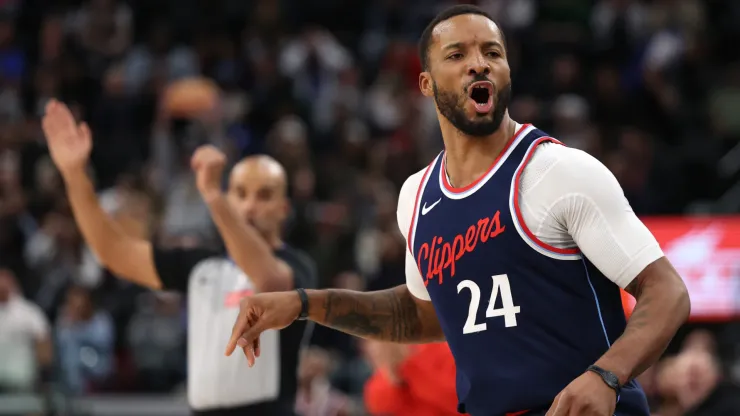 Norman Powell #24 of the LA Clippers reacts to his three pointer during a 110-98 Clippers win over the Philadelphia 76ers at Intuit Dome
