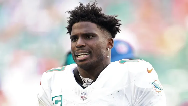 Tyreek Hill #10 of the Miami Dolphins looks on in the second quarter of a game against the Arizona Cardinals at Hard Rock Stadium on October 27, 2024 in Miami Gardens, Florida.
