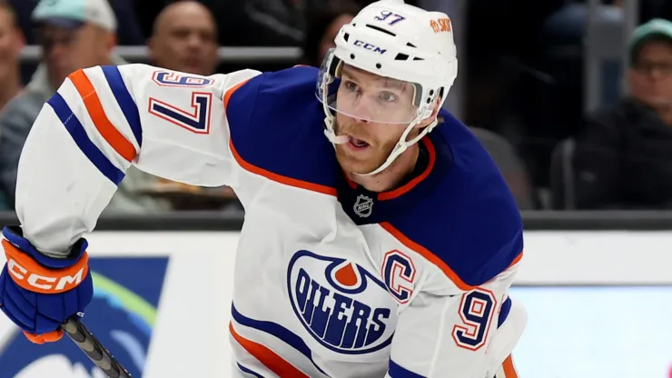 Connor McDavid #97 of the Edmonton Oilers shoots against the Seattle Kraken during the third period at Climate Pledge Arena on October 02, 2024 in Seattle, Washington. 
