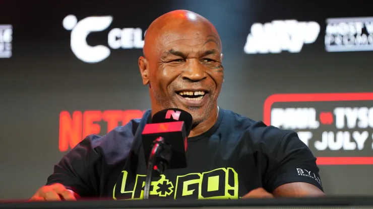 Mike Tyson speaks onstage during the Jake Paul vs. Mike Tyson Boxing match Arlington press conference at Texas Live! on May 16, 2024 in Arlington, Texas.
