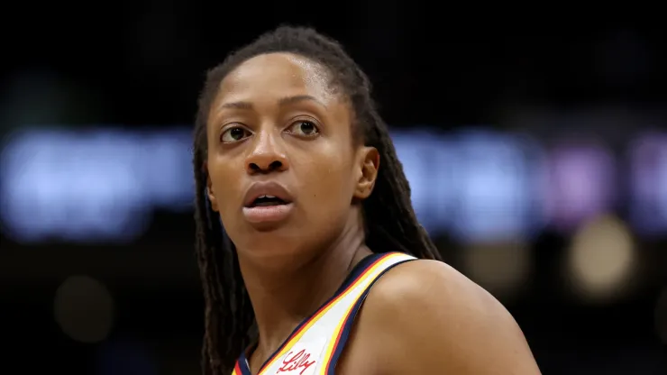 Kelsey Mitchell #0 of the Indiana Fever looks on during the game against the Seattle Storm
