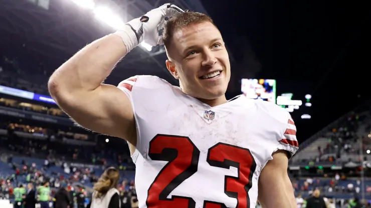 Christian McCaffrey #23 of the San Francisco 49ers reacts after beating the Seattle Seahawks at Lumen Field on December 15, 2022.
