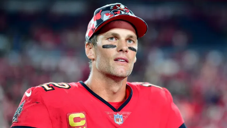 Tom Brady #12 of the Tampa Bay Buccaneers talks to the media after defeating the New Orleans Saints in the game at Raymond James Stadium on December 05, 2022.
