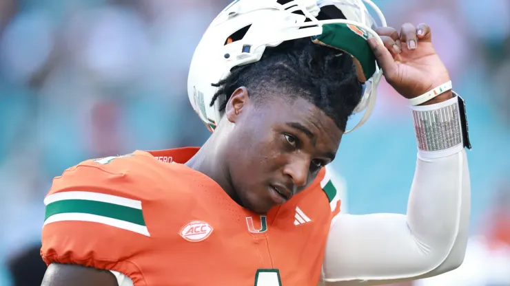 Quarterback Cam Ward #1 of the Miami Hurricanes prepares to face Florida A&M Rattlers at Hard Rock Stadium on September 07, 2024 in Miami Gardens, Florida.
