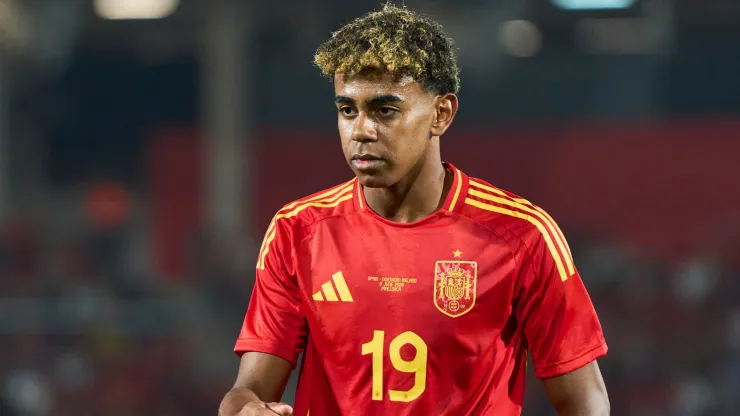  Lamine Yamal of Spain looks on during the international friendly match between Spain and Northern Ireland at Estadi de Son Moix on June 08, 2024 in Mallorca, Spain.
