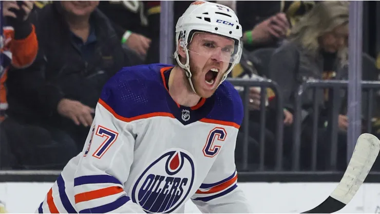 Connor McDavid #97 of the Edmonton Oilers reacts after scoring a short-handed goal against the Vegas Golden Knights in the first period of their game at T-Mobile Arena.
