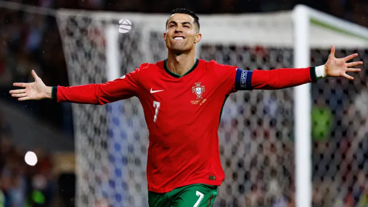 Cristiano Ronaldo seen celebrating after scoring goal during UEFA Nations League game between national teams of Portugal and Poland
