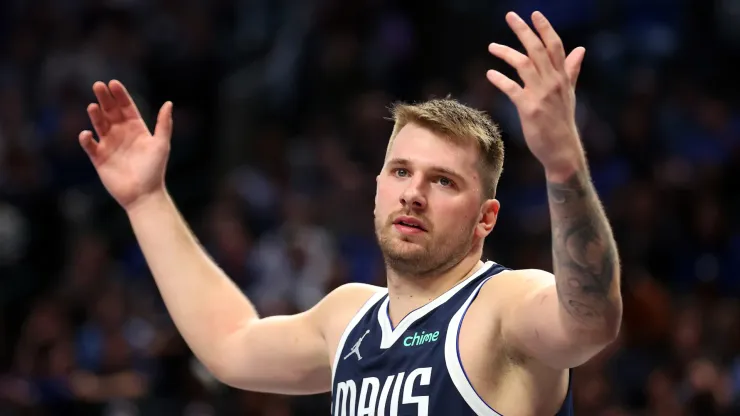  Luka Doncic #77 of the Dallas Mavericks reacts after a foul call in the second half against the Houston Rockets at American Airlines Center
