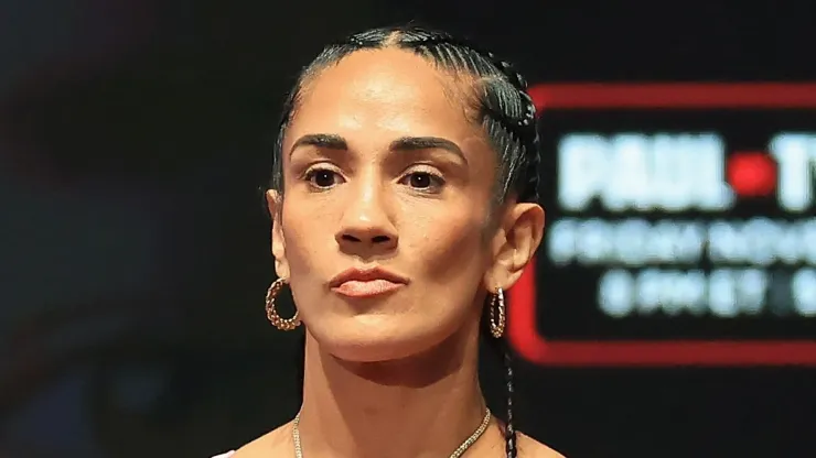 Amanda Serrano poses on the scale during her ceremonial weigh-in at The Pavilion at Toyota Music Factory on November 14, 2024 in Irving, Texas. Serrano is scheduled to challenge undisputed super lightweight champion Katie Taylor for her title on November 15 at AT&T Stadium in Arlington, Texas.
