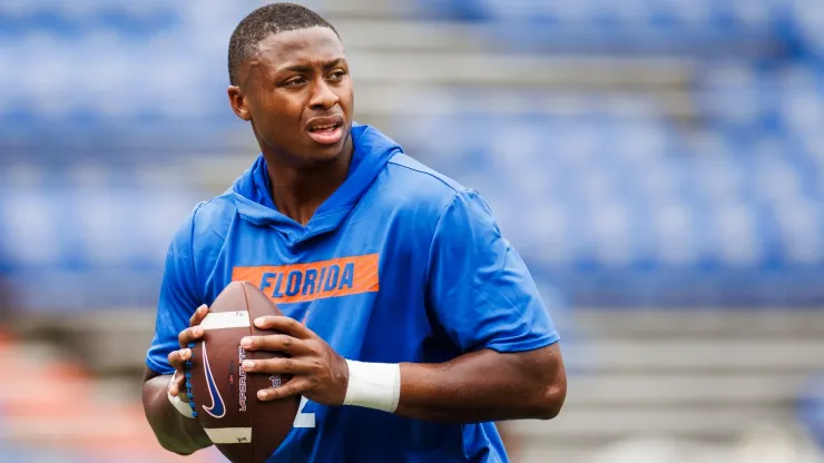 DJ Lagway #2 of the Florida Gators warms up before the start of a game against the Texas A&M Aggies at Ben Hill Griffin Stadium on September 14, 2024 in Gainesville, Florida.
