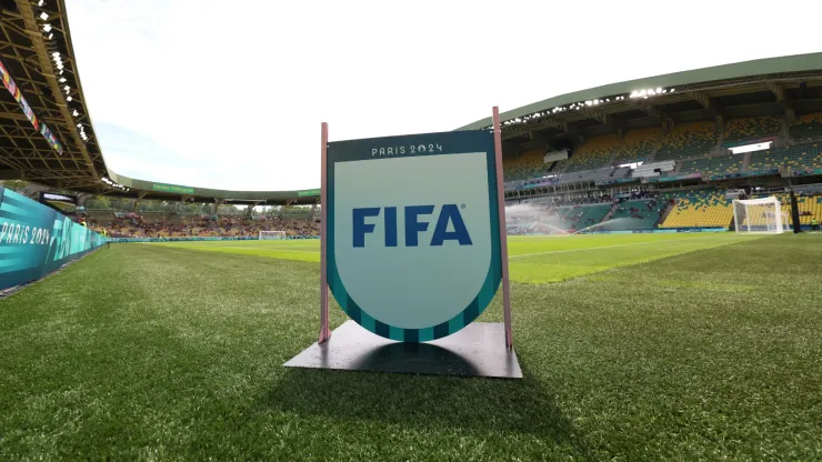 General view inside the stadium as a sign with the FIFA logo can be seen prior to the Women's group C match between Spain and Japan
