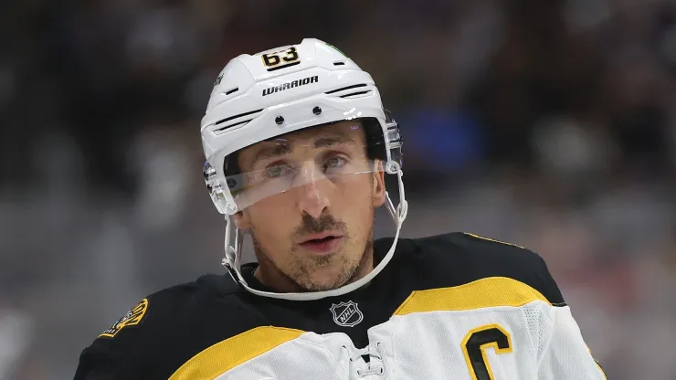 Brad Marchand #63 of the Boston Bruins plays the Colorado Avalanche in the first period at Ball Arena on October 16, 2024 in Denver, Colorado.
