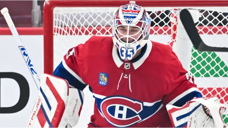 Sam Montembeault #35 of the Montreal Canadiens tends the net during the second period against the Toronto Maple Leafs at the Bell Centre.
