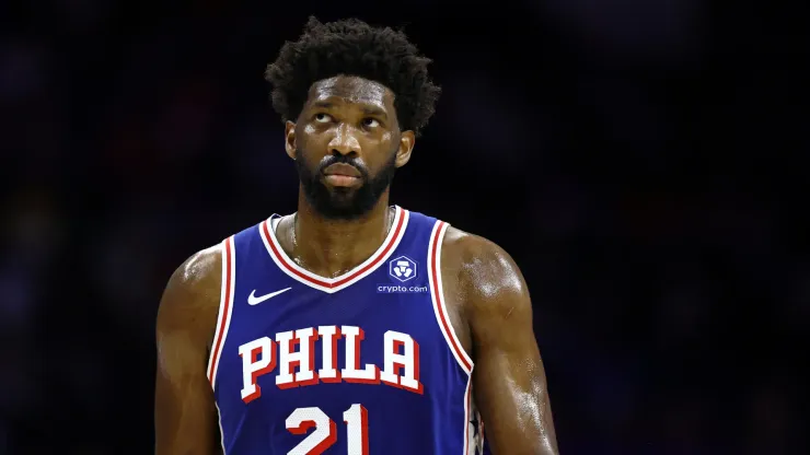 Joel Embiid #21 of the Philadelphia 76ers looks on during the first quarter against the Toronto Raptors at the Wells Fargo Center
