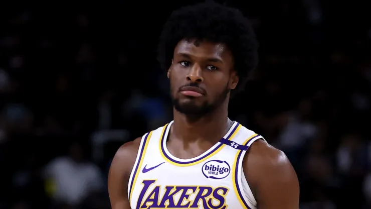  Bronny James #9 of the Los Angeles Lakers looks on during the second quarter against the Phoenix Suns at Acrisure Arena on October 06, 2024 in Palm Springs, California. 
