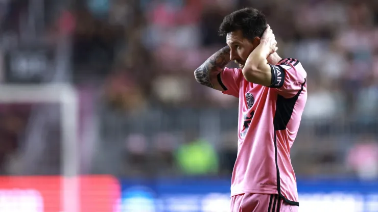 Lionel Messi #10 of Inter Miami reacts against Atlanta United during the first half of the Audi 2024 MLS Cup playoffs at Chase Stadium
