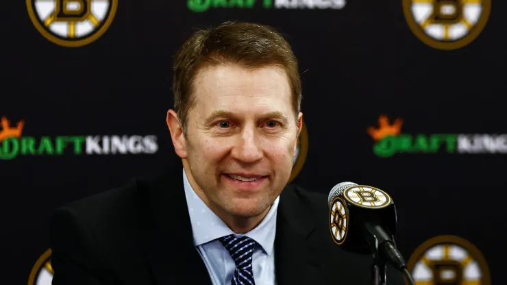 Boston Bruins interim head coach Joe Sacco smiles at his news conference following their 1-0 win over the Utah Hockey Club at TD Garden on November 21, 2024 in Boston, Massachusetts. (Photo By Winslow Townson/Getty Images)
