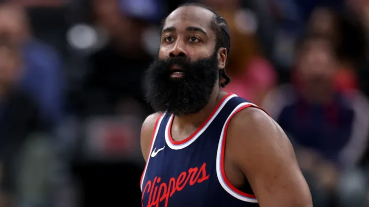 James Harden #1 of the LA Clippers dribbles during a 110-98 Clippers win over the Philadelphia 76ers at Intuit Dome on November 06, 2024 in Inglewood, California. 
