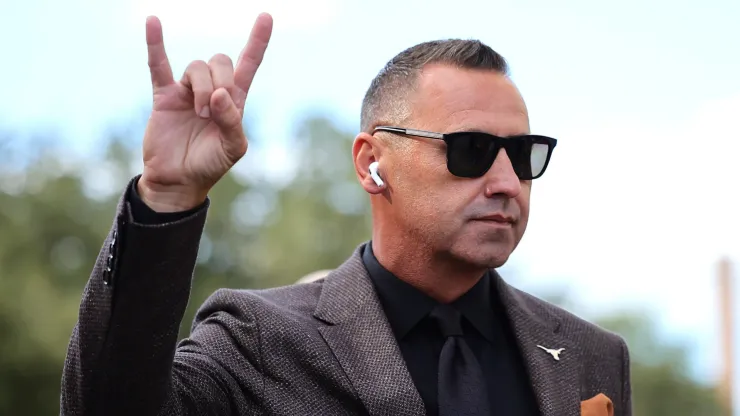 Head coach Steve Sarkisian of the Texas Longhorns reacts as he arrives prior to a game against the Georgia Bulldogs at Darrell K Royal-Texas Memorial Stadium on October 19, 2024 in Austin, Texas.
