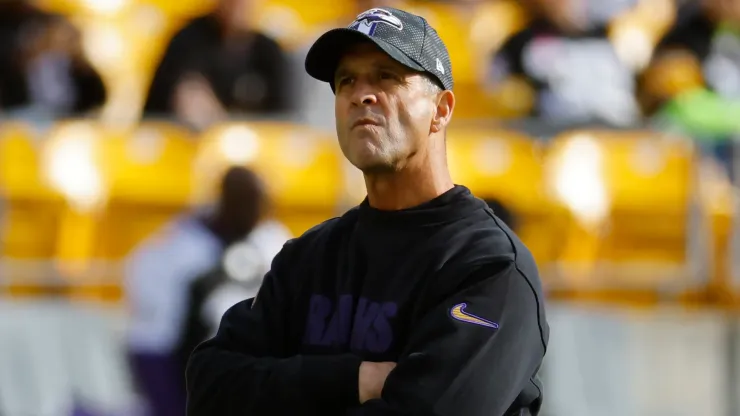 Head coach John Harbaugh of the Baltimore Ravens looks on prior to a game against the Pittsburgh Steelers at Acrisure Stadium on November 17, 2024 in Pittsburgh, Pennsylvania.
