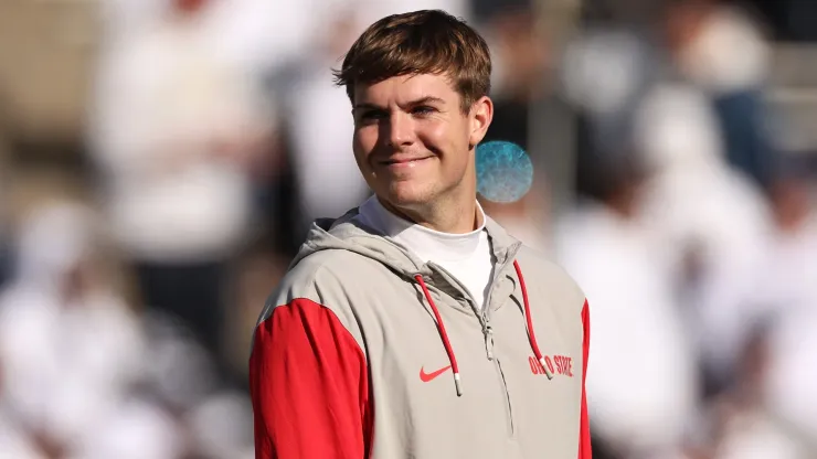 Will Howard #18 of the Ohio State Buckeyes reacts prior to a game against the Penn State Nittany Lions at Beaver Stadium on November 02, 2024 in State College, Pennsylvania.
