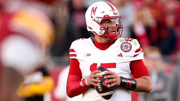 Dylan Raiola #15 of the Nebraska Cornhuskers passes the ball during the first half of a game against the USC Trojans at United Airlines Field at the Los Angeles Memorial Coliseum on November 16, 2024 in Los Angeles, California.
