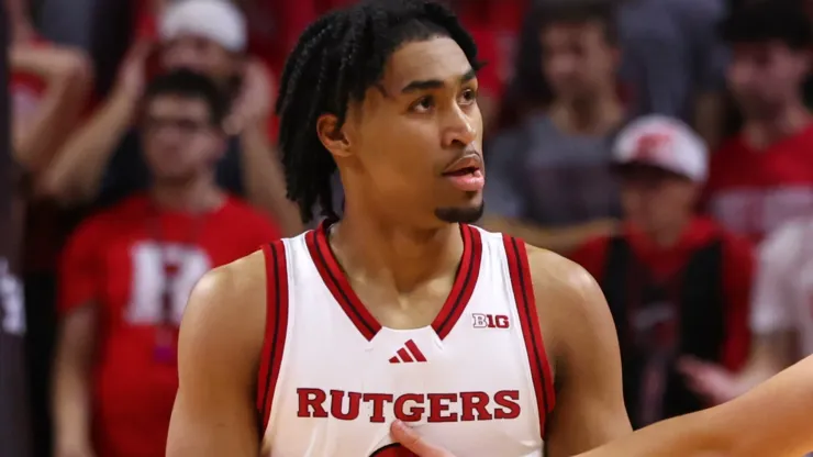 Dylan Harper #2 and Jordan Derkack #0 of the Rutgers Scarlet Knights react during the first half of their game against the Wagner Seahawks at Jersey Mike's Arena on November 6, 2024 in Piscataway, New Jersey.
