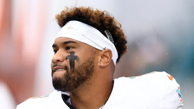 Tua Tagovailoa #1 of the Miami Dolphins looks on prior to the game against the New England Patriots at Hard Rock Stadium on November 24, 2024 in Miami Gardens, Florida.
