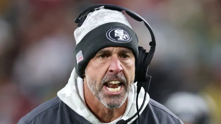 Head coach Kyle Shanahan of the San Francisco 49ers reacts in the second quarter against the Green Bay Packers at Lambeau Field on November 24, 2024 in Green Bay, Wisconsin.
