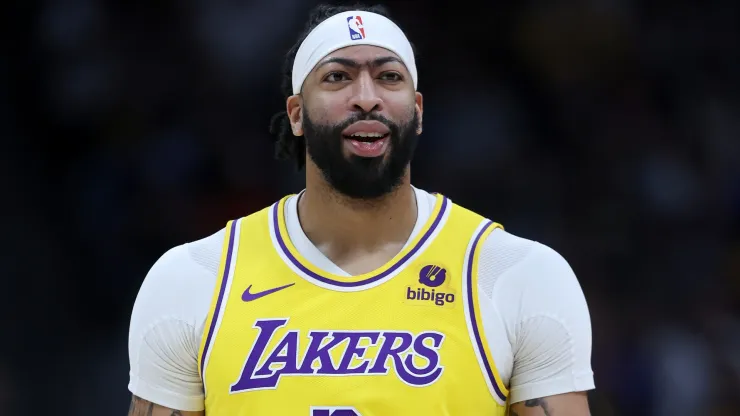 Anthony Davis #3 of the Los Angeles Lakers walks back to his bench while playing the Denver Nuggets in the first quarter during game five of the Western Conference First Round Playoffs at Ball Arena on April 29, 2024.
