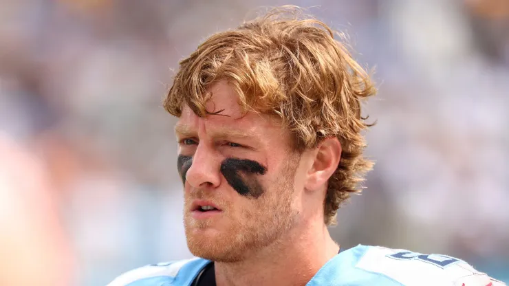 Quarterback Will Levis #8 of the Tennessee Titans looks on before a game against the Green Bay Packers at Nissan Stadium on September 22, 2024 in Nashville, Tennessee.
