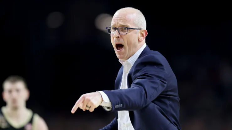 UConn coach Dan Hurley reacts in the first half against the Purdue Boilermakers during the NCAA Men's Basketball Tournament National Championship game
