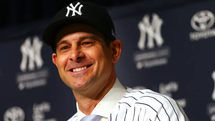 Aaron Boone speaks to the media after being introduced as manager of the New York Yankees at Yankee Stadium on December 6, 2017.
