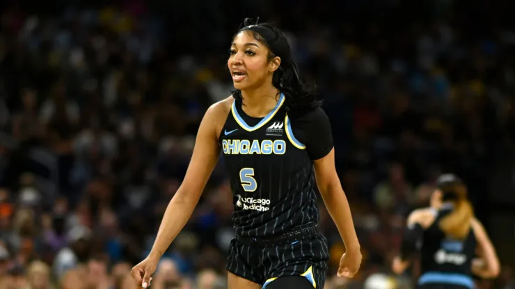 Angel Reese #5 of the Chicago Sky reacts after scoring in the first half against the Indiana Fever
