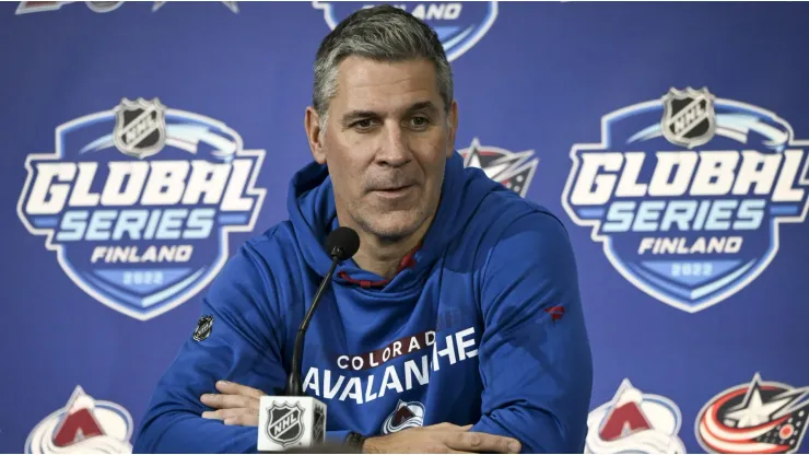 Head coach Jared Bednar of the NHL, Avalanche is seen during a press conference.
