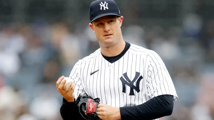 Gerrit Cole #45 of the New York Yankees looks on during the third inning against the Philadelphia Phillies at Yankee Stadium on April 05, 2023.
