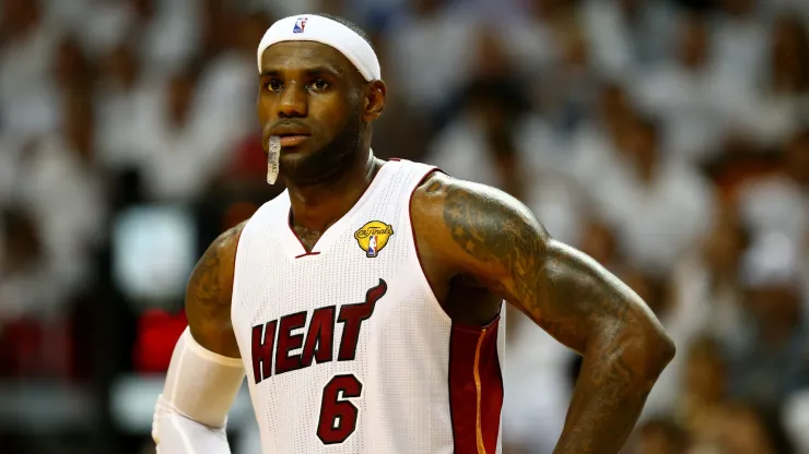 LeBron James #6 of the Miami Heat looks on against the San Antonio Spurs during Game Three of the 2014 NBA Finals
