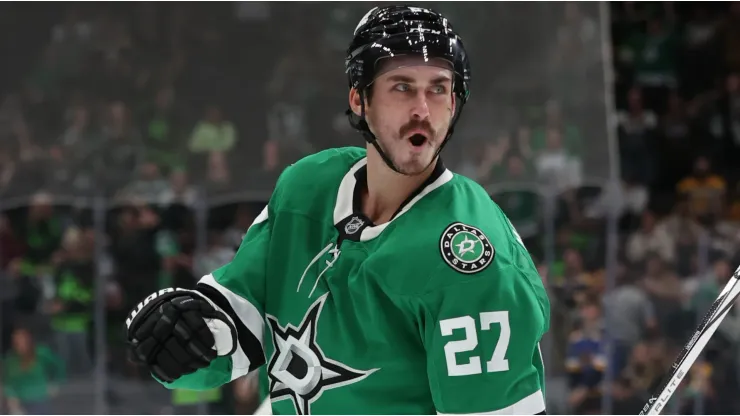 Mason Marchment #27 of the Dallas Stars celebrates after scoring a goal during the third period against the Boston Bruins at American Airlines Center on November 14, 2024 in Dallas, Texas. 
