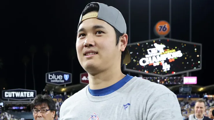 Shohei Ohtani #17 of the Los Angeles Dodgers celebrates after the Dodgers defeated the New York Mets to win Game Six of the National League Championship Series at Dodger Stadium on October 20, 2024 in Los Angeles, California.
