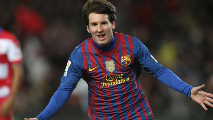 Lionel Messi of FC Barcelona, Barca celebrates after scoring his first goal, and equals the FC Barcelona scoring record held by Cesar (232 goals),during the Spanish La Liga soccer match on March 20, 2012
