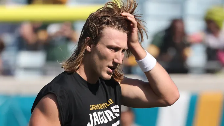 Trevor Lawrence #16 of the Jacksonville Jaguars looks on during warmups before playing the Green Bay Packers at EverBank Stadium on October 27, 2024 in Jacksonville, Florida.
