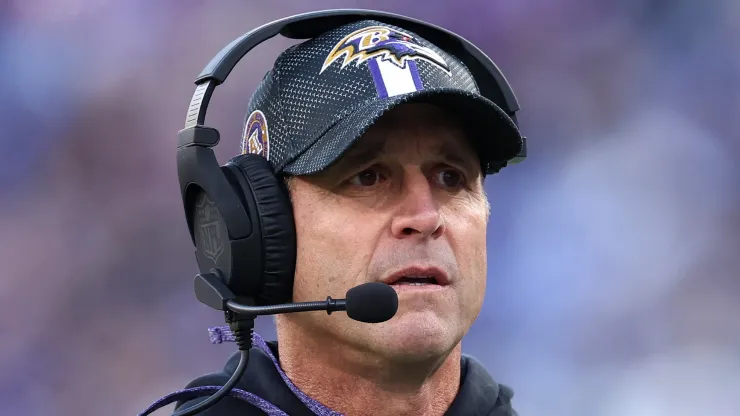 Head coach John Harbaugh of the Baltimore Ravens looks on during the second half of a game against the Denver Broncos at M&T Bank Stadium on November 03, 2024 in Baltimore, Maryland.
