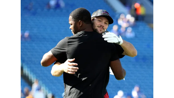 Amari Cooper #18 and Josh Allen #17 of the Buffalo Bills embrace prior to the game against the Tennessee Titans at Highmark Stadium on October 20, 2024 in Orchard Park, New York.
