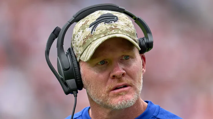 Buffalo Bills head coach Sean McDermott looks on during a preseason game between<br />
the Chicago Bears and the Buffalo Bills on August 21, 2021 at Soldier Field in Chicago, IL.
