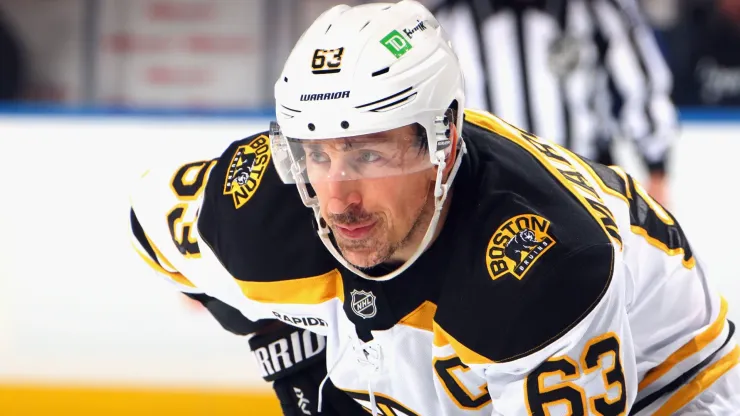 Brad Marchand #63 of the Boston Bruins skates against the New York Islanders at UBS Arena on November 27, 2024.
